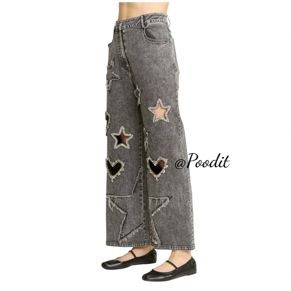 J. HER cut out rhinestone hearts & stars wide leg loose fit style jeans sz SMALL - Picture 5 of 7